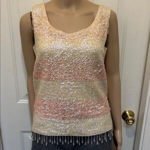 Vintage 1960’s Pink & Cream Sequins Beaded Sleeveless Wool Sweater
